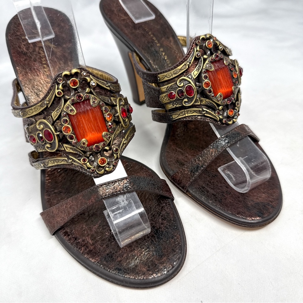 NEW Giuseppe Zanotti Vicini Vintage Y2K Leather Jeweled Mule Sandal Heel Bronze